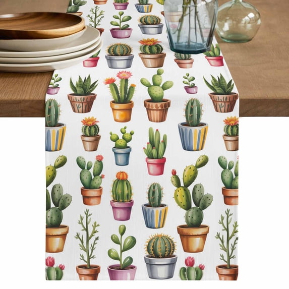 Tropical Cactus Table Runner 70 Inches, Spring Summer Potted Plants Watercolor Bed Runner Dresser Scarves Tabletop for Indoor Outdoor Parties/Ceremony/Banquet, 13" x 70"
