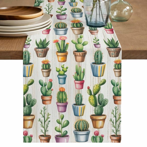 Tropical Cactus Table Runner 90 Inches, Spring Summer Potted Plants Wooden Bed Runner Dresser Scarves Tabletop for Indoor Outdoor Parties/Ceremony/Banquet, 13" x 90"