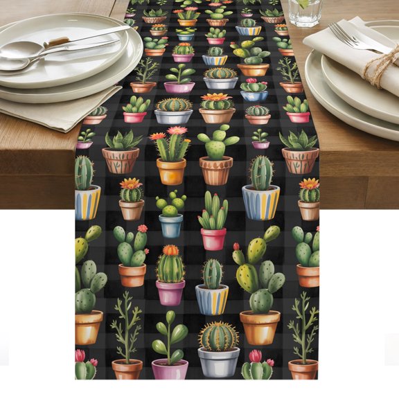 Tropical Cactus Table Runner Spring Summer Potted Plants Black Plaid Tablerunners 13 x 70 Inch, Table Decorations Tabletop Scarf for Summer Gathering Holiday Farmhouse Kitchen Dining Decor