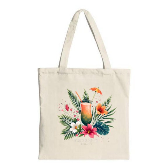 Tropical Canvas Tote Bag with Vibrant Flowers Cocktail Green Leaves - Perfect for Parties Travel and Shopping
