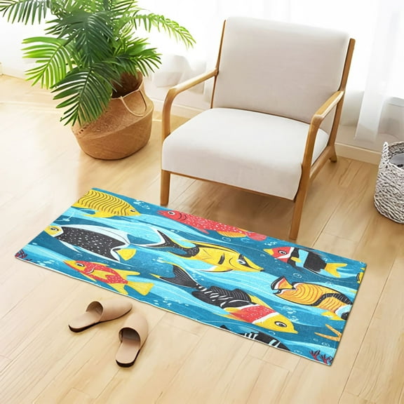 Tropical Cartoon Fishes Coral Wave Plush Carpet Non Slip Runner Rug Absorbent Bath Mat 39" x 20"