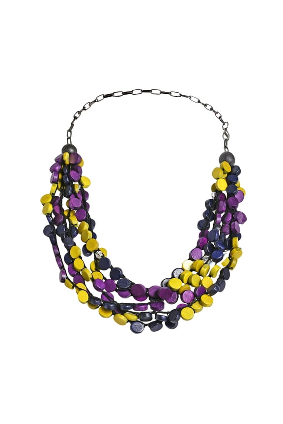 Tropical Cascades Purple Yellow Coco Palm Wood Strand Necklace