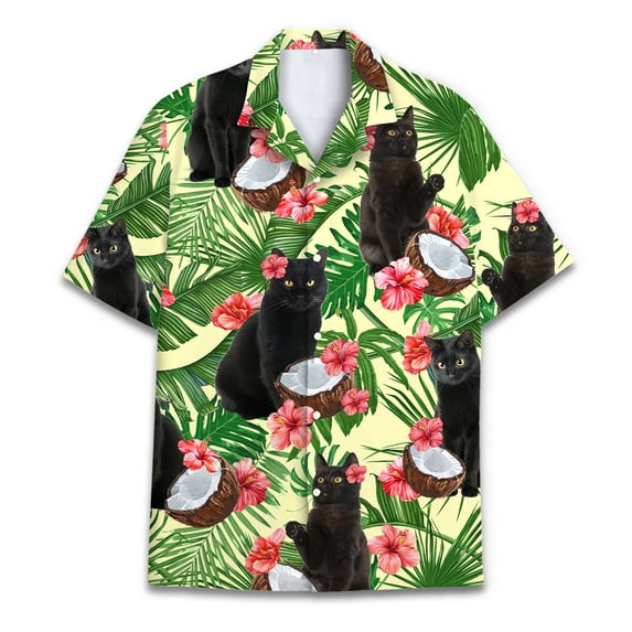 Tropical Cat Coconut Hawaiian Shirt For Men Floral Black Cat Mens Hawaiian Shirts Short Sleeve Button Down Shirt Men
