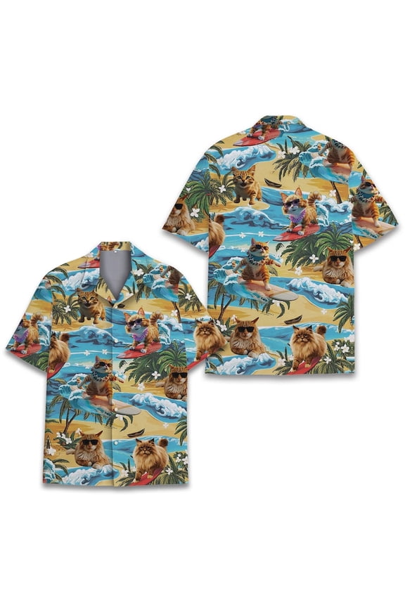 Tropical Cat Surfing Hawaiian Shirt Men Women Youth, Cat Shirt Button-Up Short Sleeve, Tropical Beach Shirt, Summer Vacation Shirt For Men.