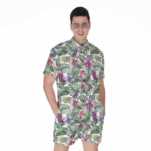 Tropical Cattleya Pattern Short Sleeve Men'S Rompers, Zigzag Zigzag Casual Summer Jumpsuits Outfit