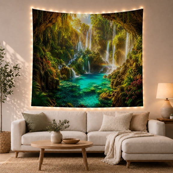 Tropical Cave Waterfall with Turquoise Pool and Rainforest, Mystical Boho for Nature Lovers, Cave Scenery Decor, Housewarming Gift Tapestry Wall Hanging for Bedroom and Living Room