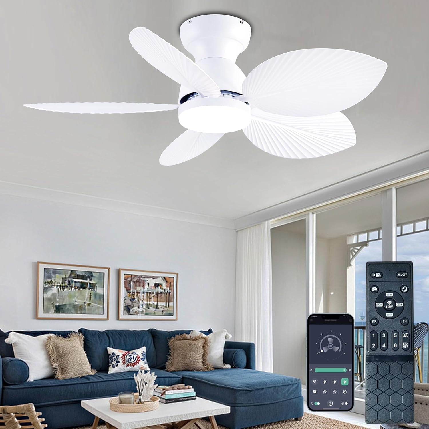 Tropical Ceiling Fans with Light, 38-inch Flush Mount Palm Leaf Ceiling Fans  for Bedrooms, Indoors and Outdoors, Remote Control/APP Control, 6-Speed,  Dimmable, Reversible, White. - Walmart.com, image size:1500x1500