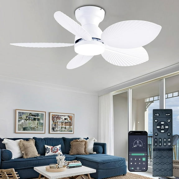 Tropical Ceiling Fans with Light, 38-inch Flush Mount Palm Leaf Ceiling Fans for Bedrooms, Indoors and Outdoors, Remote Control/APP Control, 6-Speed, Dimmable, Reversible, White.