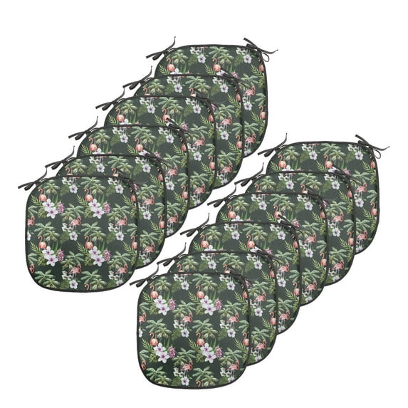 Tropical Chair Seating Cushion Set of 12, Pattern of Bouquet with Exotic Flowers Leaves Palms and Flamingos, Seat Pads for Office with Anti-slip Backing, 16"x16", Hunter Green Multicolor, by Ambesonne