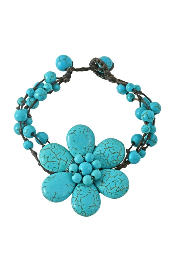 Tropical Chic Flower Blue Turquoise Multistrand Cotton Rope Toggle Bracelet