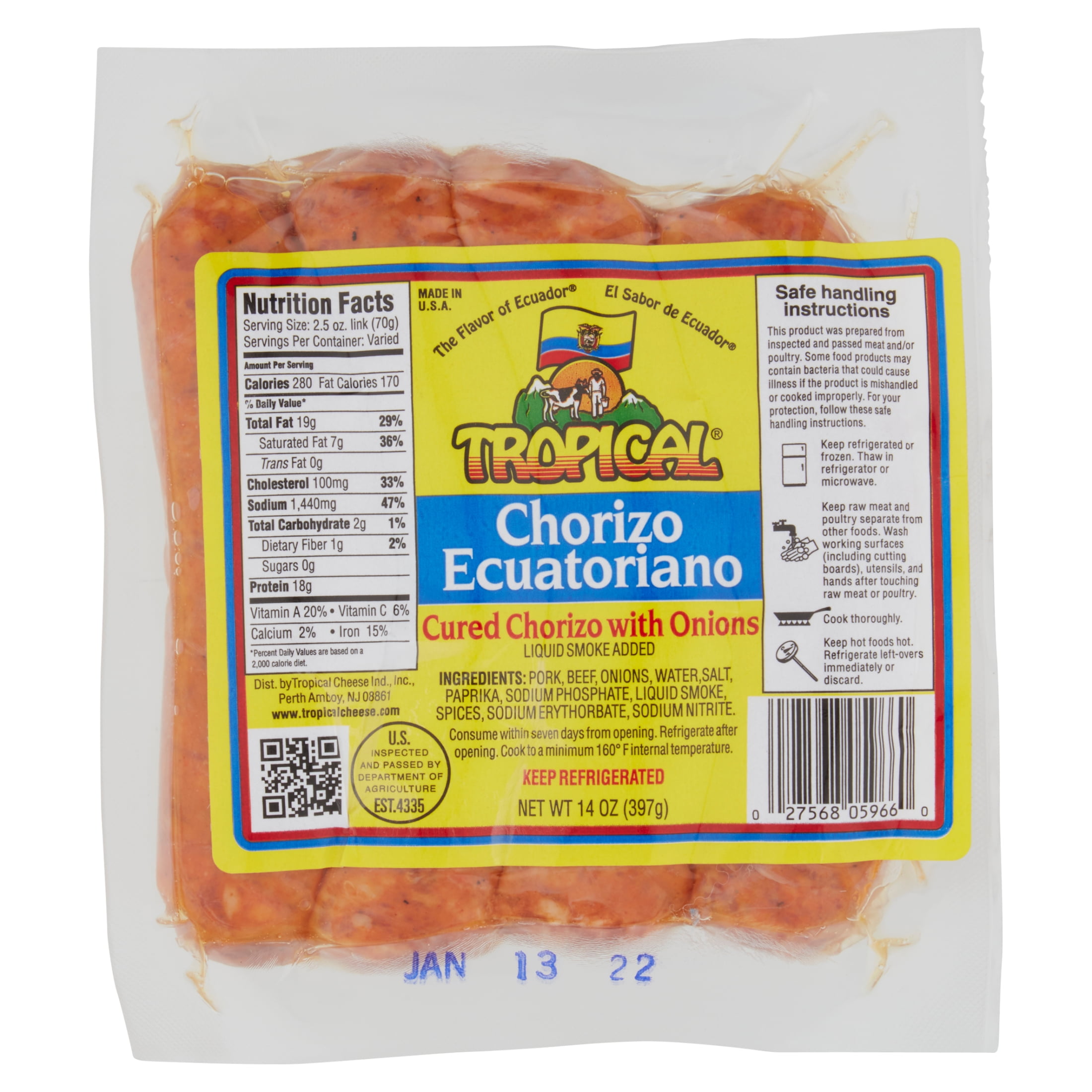 Tropical Chorizo Ecuatoriano, 14oz, Vacuum Packed Film Cured Chorizo