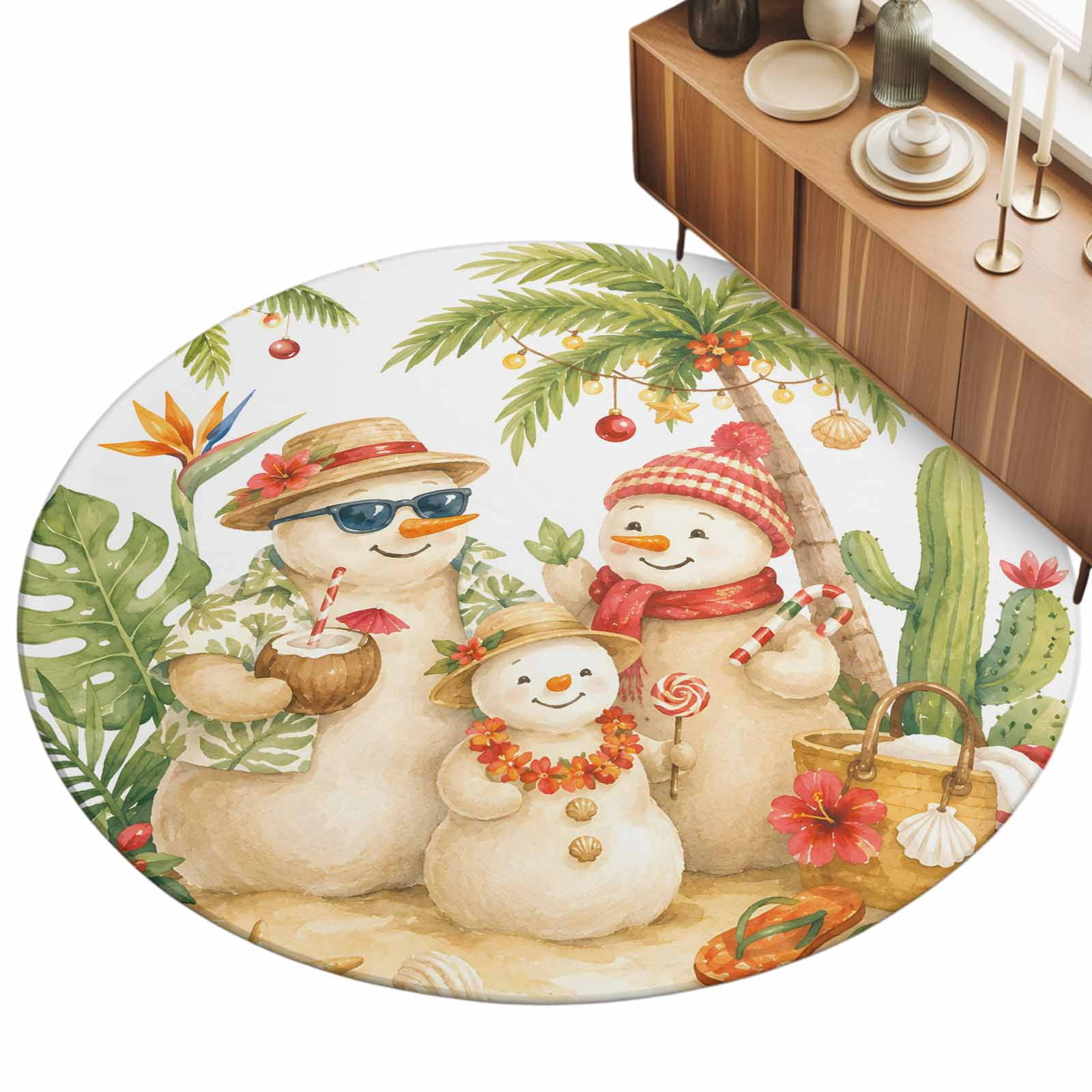 Tropical Christmas Area Rug 8', Snowman Family Summer Coastal Palm ...