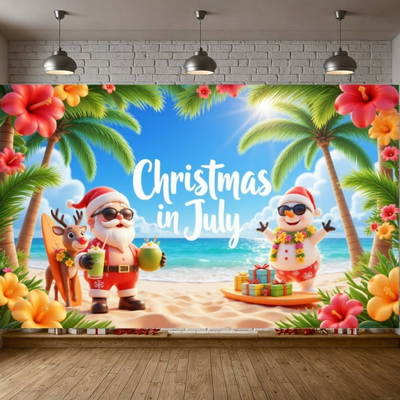 Tropical Christmas Beach Theme Santa Claus Banner Holiday Decoration Festive Design Summer Party Decor for Beach Party Tropical Celebration Holiday Gathering