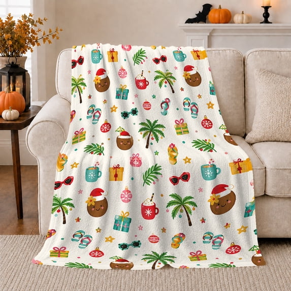 Tropical Christmas Celebrations Cheerful White, Festive Holiday Scene, Warm Flannel Blanket for Beach House and Living Room, Art Lovers Christmas Gift, Festive Home Decor