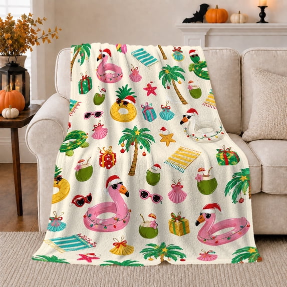 Tropical Christmas Pink Flamingo Pool Floats Santa, Festive Holiday Scene, Warm Flannel Blanket for Living Room and Reading Nook, Art Lovers Christmas Gift, Festive Home Decor