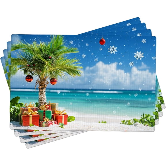 Tropical Christmas Placemats Set of 4, Beach Style Holiday Table Mats for Dining, Non-Slip Washable Indoor Outdoor Decorative Place mats 18x12 Inch