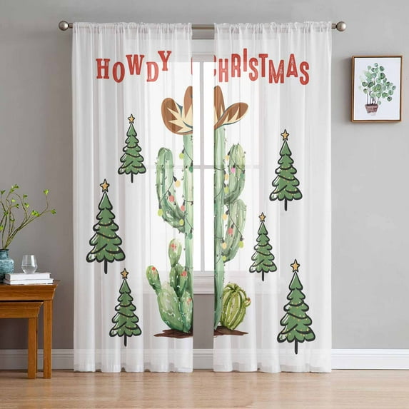 Tropical Christmas Sheer Curtains 63 Inches Long, Xmas Trees Western Cowboy Cactus Light Filtering Window Curtains for Living Room/Bedroom, Rod Pocket Voile Sheer Drapes, 52"W x 63"L, 2 Panels