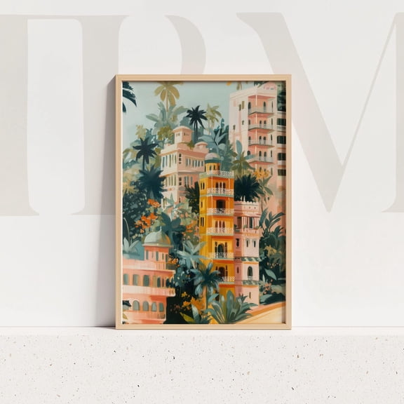 Tropical Cityscape Art Print, Boho Mediterranean Architecture Home Decor #666, Unframed Canvas Size 8x12