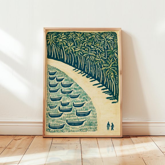 Tropical Coast Poster, Palm Tree Landscape Art, Linocut Print, Poster Only