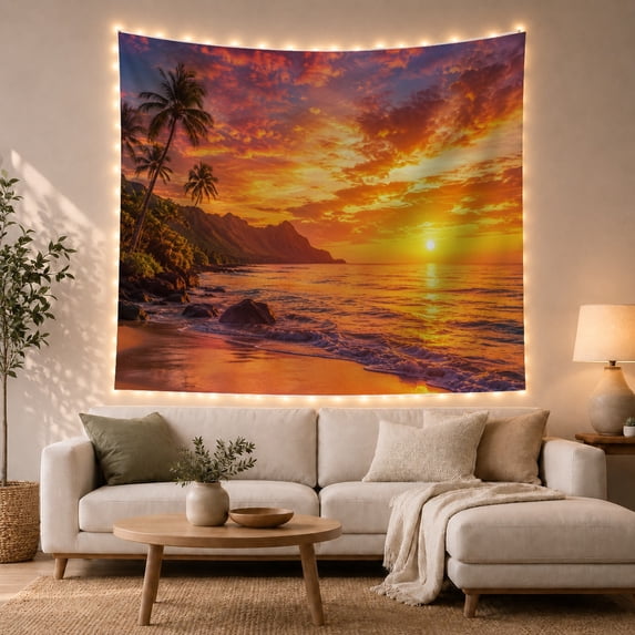 Tropical Coast Sunset with Palm Trees & Rocky Beach, Dramatic Boho for Coastal Decor Lovers, Scenic Wall Art, Housewarming Gift, Tapestry Wall Hanging for Bedroom and Living Room