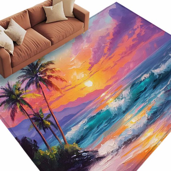 Tropical Coastal Area Rug 8x10 Washable Rug Non Slip Ocean Nautical Summer Palm Trees Sun Large Area Rug Soft Stainresistant Indoor Floor Carpet for Living Room Bedroom Office Dining Room Nursery