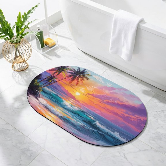 Tropical Coastal Bathroom Rug Cute Oval Bath Mat Non-Slip Washable Bath Rug Absorbent Soft Ocean Nautical Summer Palm Trees Sun Floor Mat for Bathroom Kitchen Bedroom Shower Room Decor 16"x24"