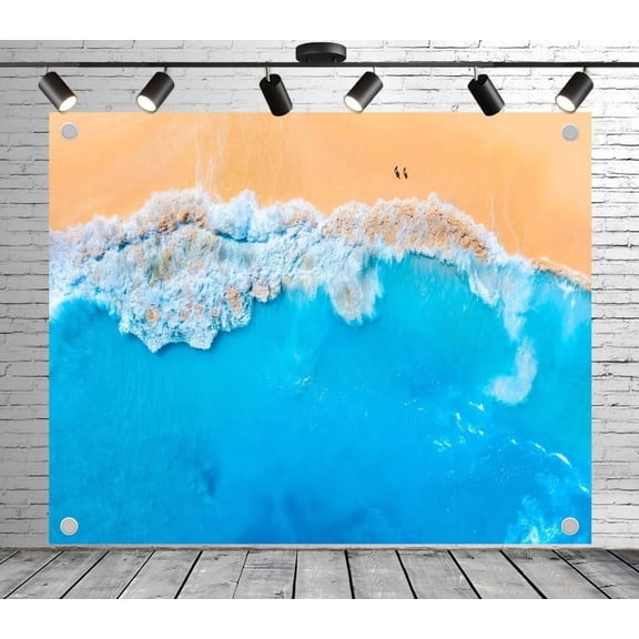 Tropical Coastal Beach Backdrop Golden Sand, Turquoise Waves, Aerial View Fabric Banner for Vacation Shoot, Tropical Party, Photo Booth, Wedding Photoshoot or Studio Decor