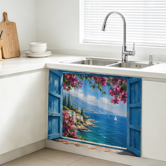 Tropical Coastal Cabinet Curtains for Kitchen 10"W x 11"L, Open Window Pink Flower Blue Ocean Island Under Sink Skirt Magic Tape Short Curtain Decorative Privacy Panel for Bathroom Laundry
