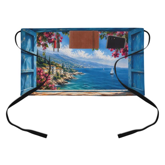 Tropical Coastal Kitchen Restaurant Half Waist Apron, Open Window Pink Flower Blue Ocean Island Server Short Apron with 3 Pockets Waterproof Oil Waist Aprons for Women Waitress Waiter