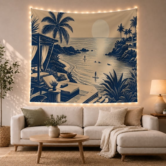 Tropical Coastal Landscape with Palm Trees, Calming Coastal Style for Beach Lovers, Ocean Wall Decor Housewarming Gift, Tapestry Wall Hanging for Bedroom and Living Room