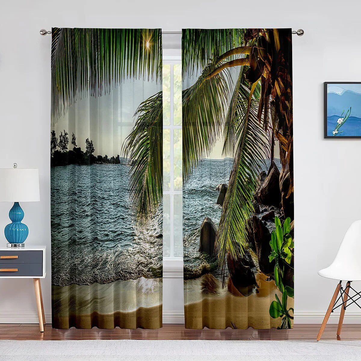 Tropical Coastal Palm Trees Summer Ocean Landscape Tulle Curtains for ...