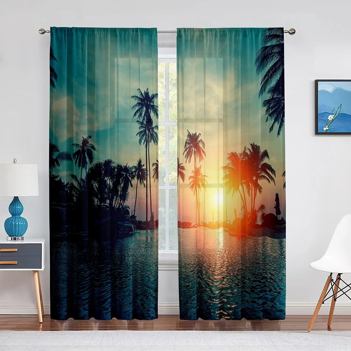 Tropical Coastal Palm Trees Summer Ocean Landscape Tulle Curtains for ...