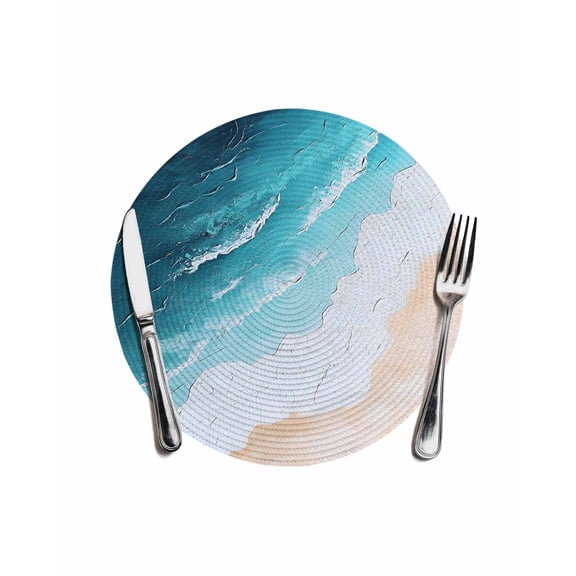 Tropical Coastal Round Table Placemats 1 pc, Beach Ocean Waves Washable Woven Place Mats for Dining Tables Kitchen Party Decor,Heat Proof, 13in, Turquoise Aqua