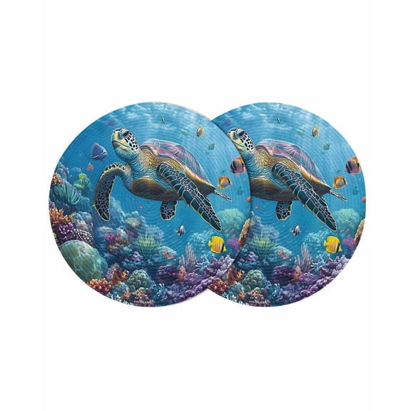 Tropical Coastal Round Table Placemats set of 2, Ocean Sea Turtle Coral Fish Washable Woven Place Mats for Dining Tables Kitchen Party Decor,Heat Proof, 13in, Blue