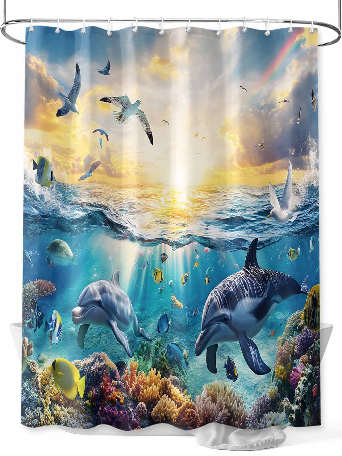 Tropical Coastal Shower Curtain, Ocean Animal Dolphin Fish Bird Bathroom Decor Curtains Set with Hooks, Blue Waterproof Fabric Home Accessories， 72 X 78 Inch Long