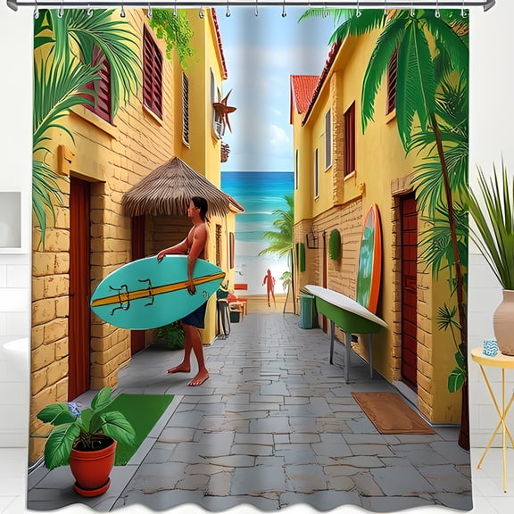 Tropical Coastal Shower Curtain - Vibrant Beach Scene with Trees Surfboards & Colorful Alleyway Design - Perfect for a Relaxing Bathroom Makeover