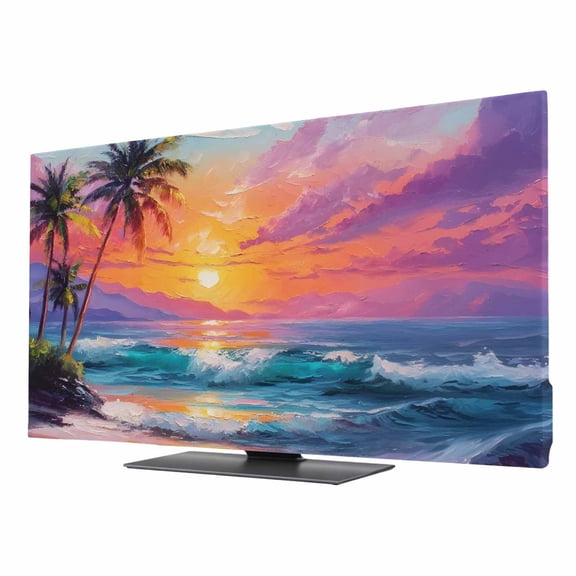 Tropical Coastal TV Cover for 24 Inch Screen,Stretch Fabric Dustproof TV Display Protector,Ocean Nautical Summer Palm Trees Sun Elastic Slipcover Monitor Cover for Indoor Desktop Computer 20.9"x11.8"