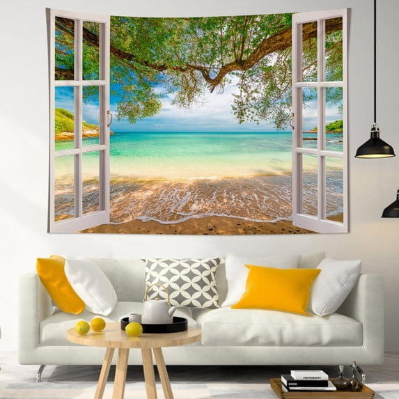 Tropical Coastal Tapestry, Open Window Lush Tree Turquoise Shore Window View Wall Hanging for White Farmhouse & Teen Tropical Beach Dorm Summer Decor