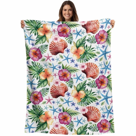 Tropical Coastal Throw Blankets, Summer Shell Starfish Soft Fleece Blanket Decorative for Home Sofa Couch Chair Living Bedroom, 40x50 inches, Blue Green Pink