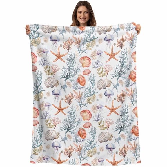Tropical Coastal Throw Blankets, Watercolor Starfish Starfish Print Soft Fleece Blanket Decorative for Home Sofa Couch Chair Living Bedroom, 40x50 inches, Orange
