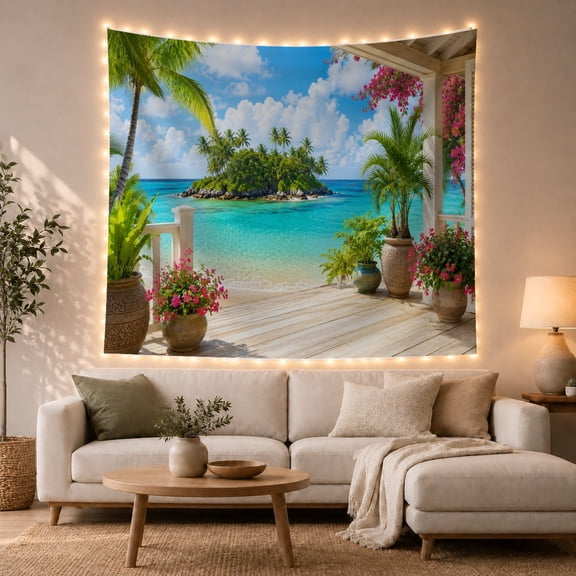 Tropical Coastal Vista Deck Overlooking Turquoise Sea, Serene Coastal Zen Style for Ocean Lovers, Seaside Wall Art Housewarming Gift, Tapestry Wall Hanging for Bedroom, Living Room and Dorm