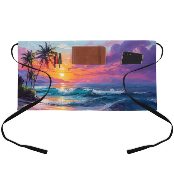 Tropical Coastal Waitress Apron with 3 Pockets, Ocean Nautical Summer Palm Trees Sun Server Aprons Waterproof Kitchen Restaurant Half Waist Apron for Men Women