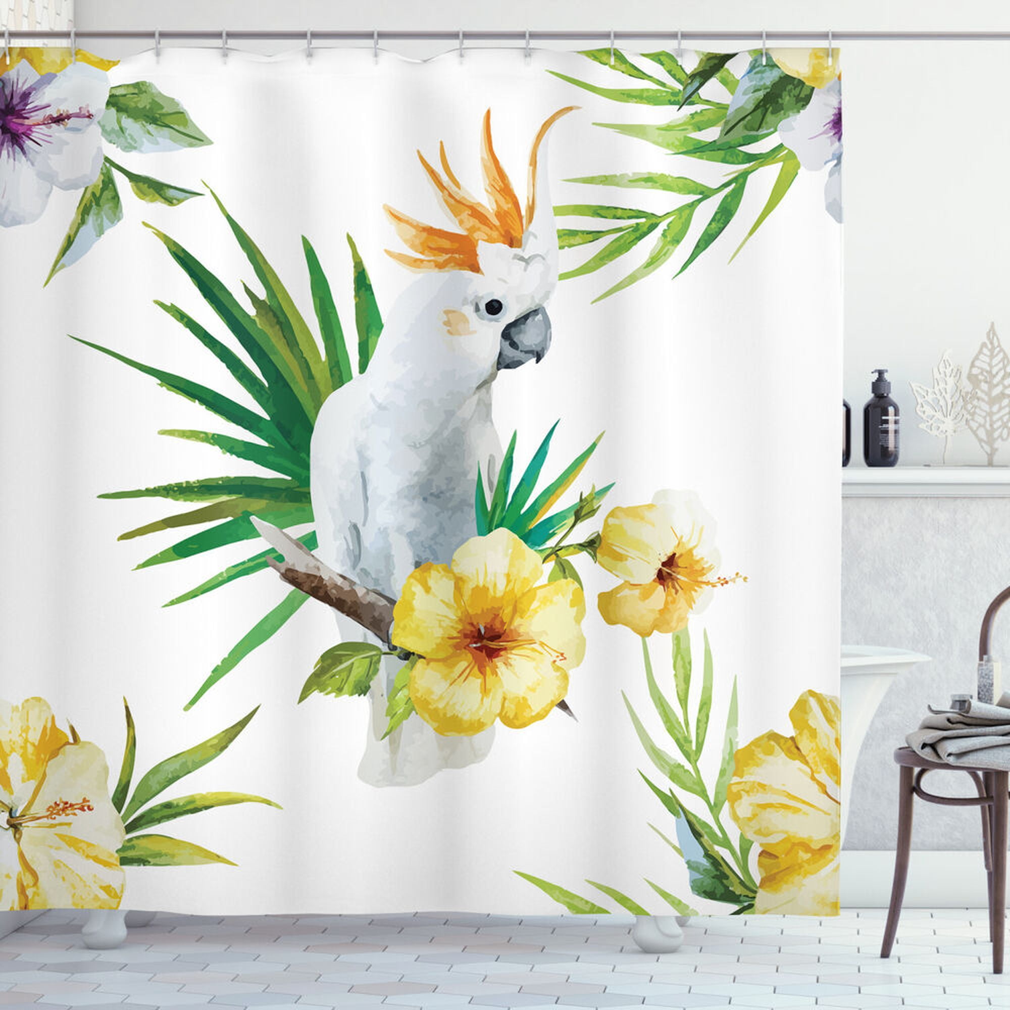 Tropical Cockatoo Shower Curtain with Hibiscus Flowers & Wildlife Pattern Vibrant Bathroom