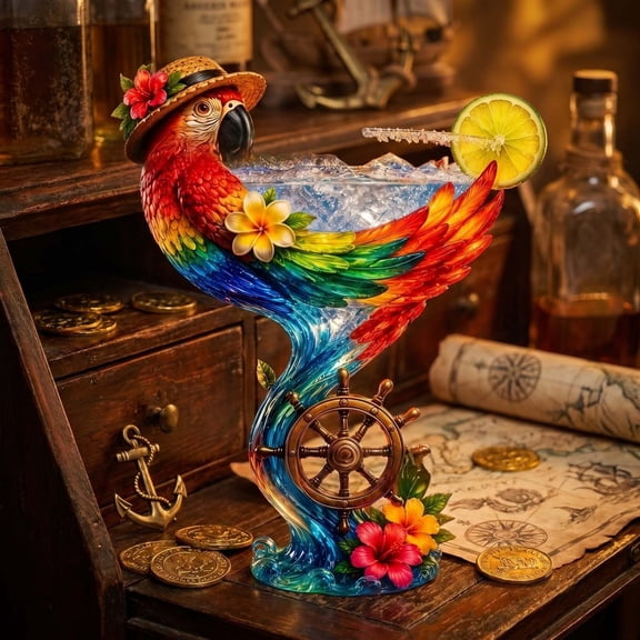 Tropical Cocktail Glass Sculpture, Nautical Ship Wheel Decor with Colorful Flowers, Beach Bar Tabletop Ornament for Home Decor, Gift