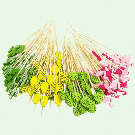 Tropical Cocktail Picks Sticks - 100PCS, Flamingo, Pineapple, Cactus, Palm Leaves, Hawaiian Luau Bamboo Sticks