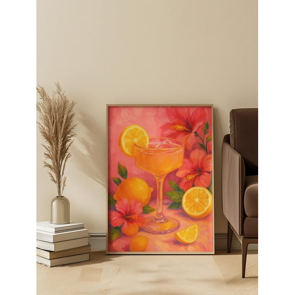 Tropical Cocktail Poster: Hibiscus & Lemon, Summer Bar Art, Unframed Poster Size 16x24