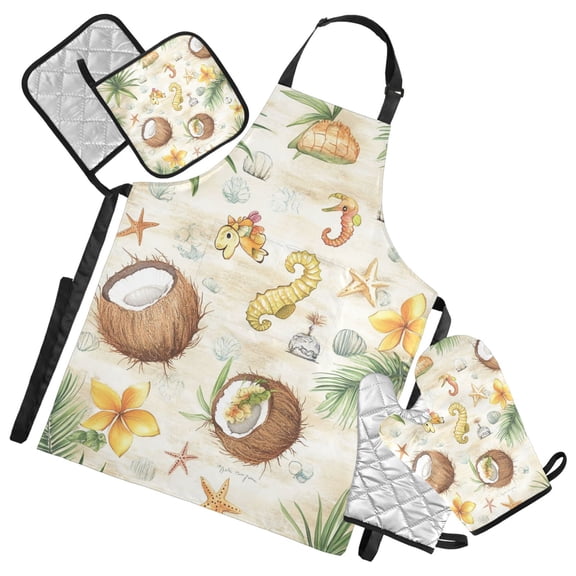 Tropical Coconut Design Oven Mitts and Pot Holders with Chef Apron Set 5 Pcs Kitchen Cooking Set