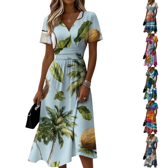 Tropical Coconut & Palm Tree Print V-Neck Surplice Dress for Women - Short Sleeve High Waist A-Line Midi Summer Beach Vacation Gown, Flowy Resort Wear with Cinched Waist Green XL