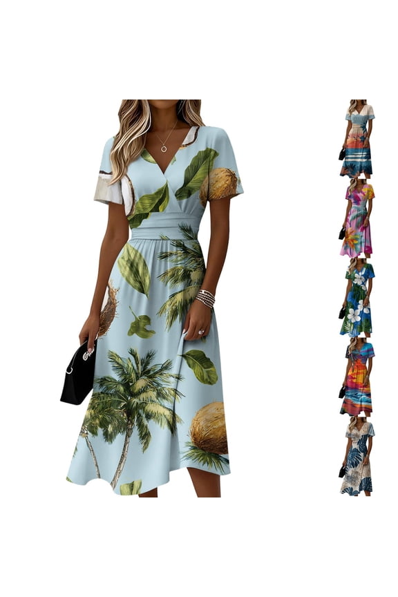 Tropical Coconut & Palm Tree Print V-Neck Surplice Dress for Women - Short Sleeve High Waist A-Line Midi Summer Beach Vacation Gown, Flowy Resort Wear with Cinched Waist Dark Blue L