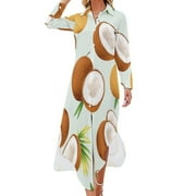 YHX66 Tropical Coconut Pattern Casual Dress V Neck Chiffon Dress Long Sleeve